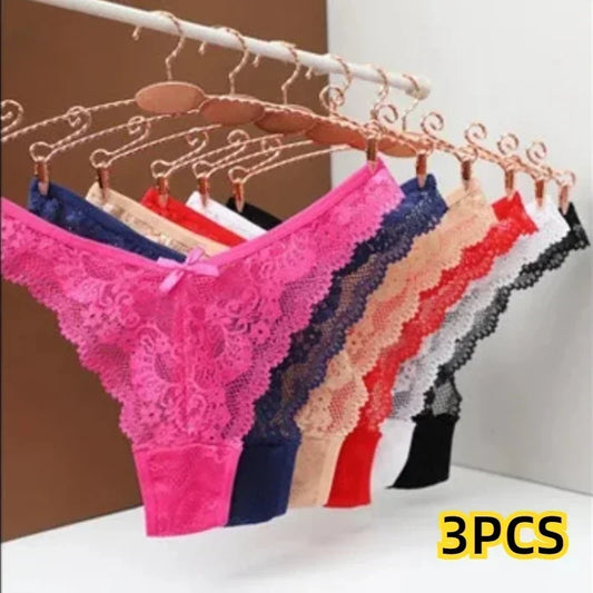 3PCS Sexy lace thong for women G-string Cotton base Underpants Low Waisted T Pants Lace Hollowed Out ventilation Female Panties